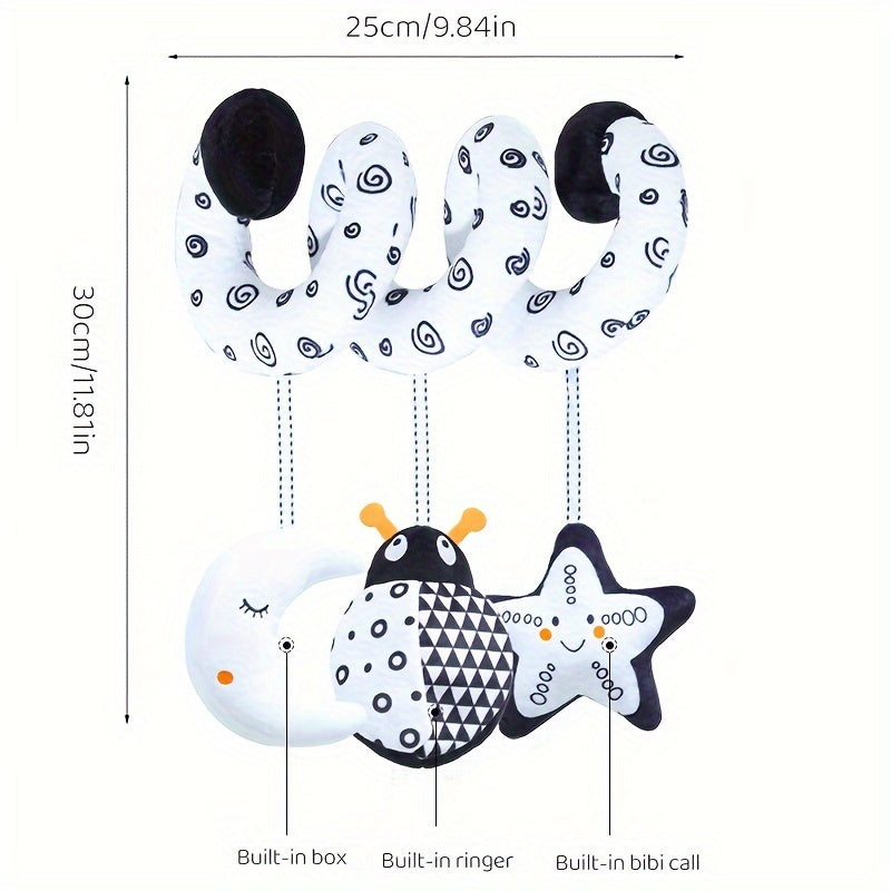 Black and white baby hanging toys with animal-themed designs, perfect for decorating strollers and car seats. These plush spiral toys are ideal for entertaining babies while traveling. Choose from bee, owl, or beetle styles.