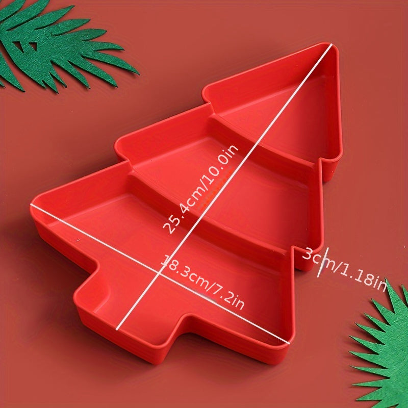 Durable plastic Christmas tree-shaped tray with multiple compartments for snacks and fruit, perfect for holiday entertaining.