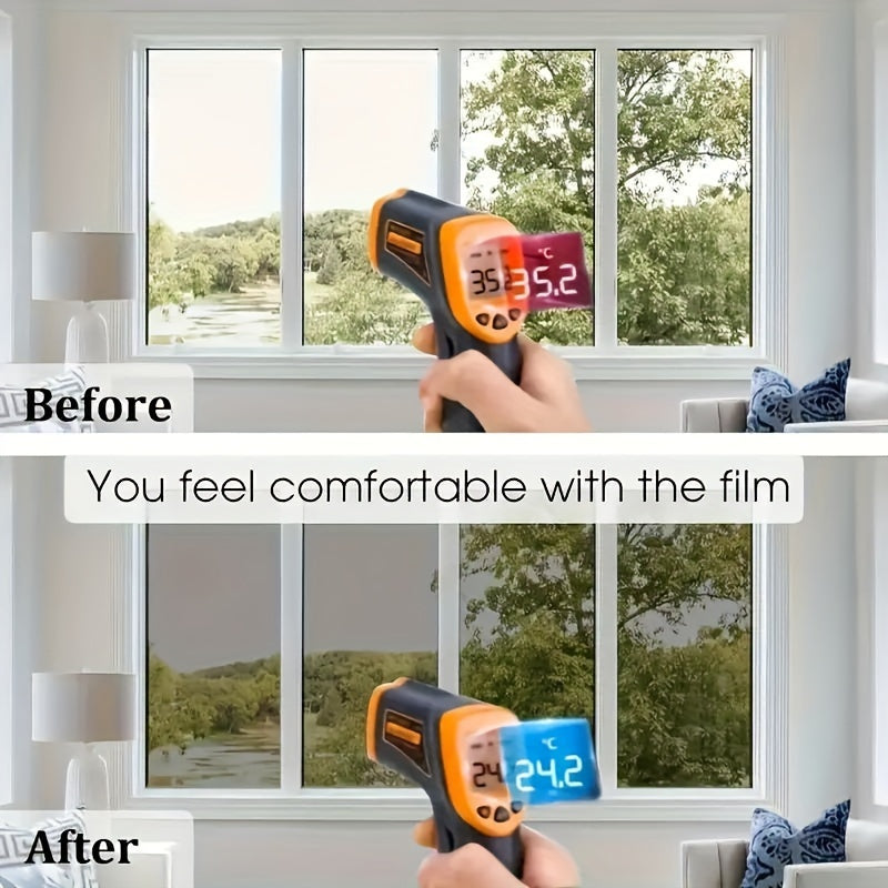 Premium mirror window film that provides privacy and blocks heat and UV rays, with one-way coloring during the day. Easy to apply stickers ideal for home and office use, made of