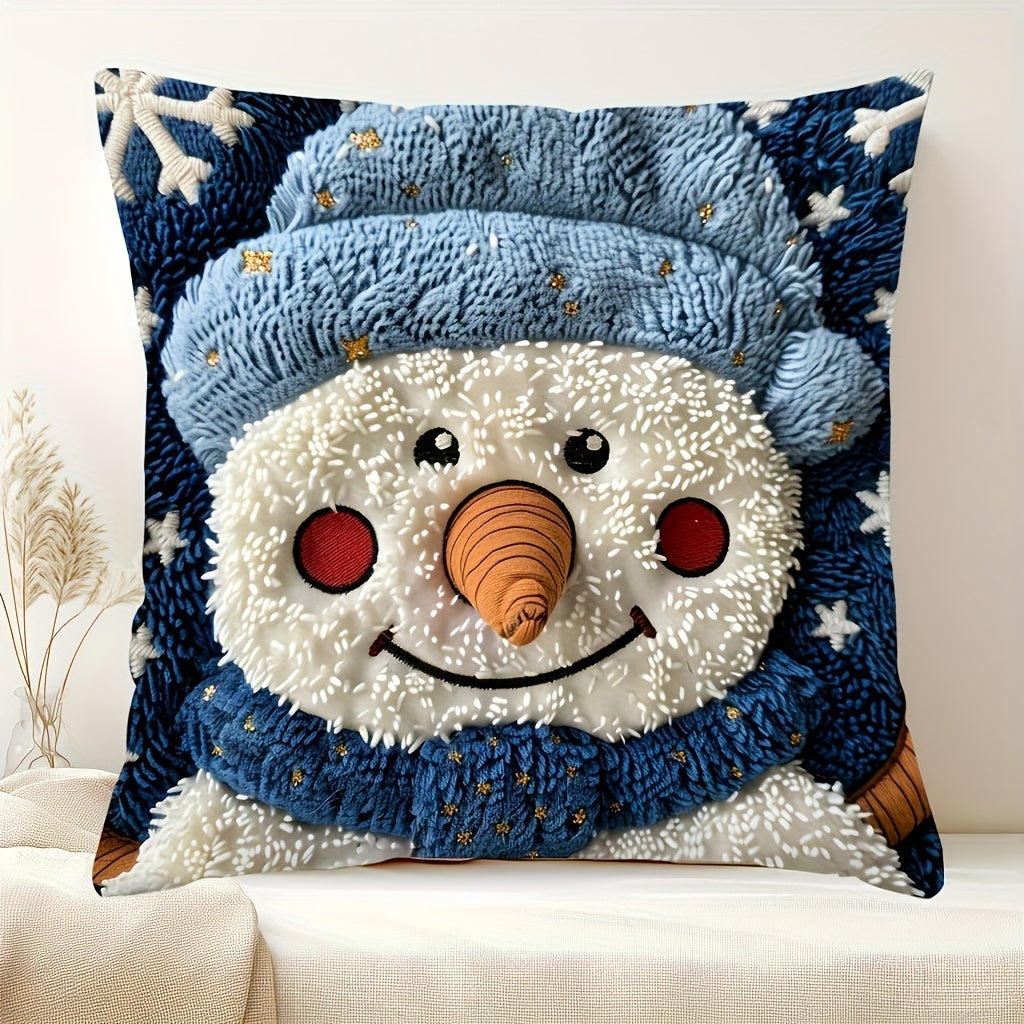 Christmas Snowman Pillow Cover - Soft Short Plush, 44.96cm x 44.96cm, Blue & White with Golden Stars, Zip Closure - Ideal for Home, Office, Car Decor (No Insert)