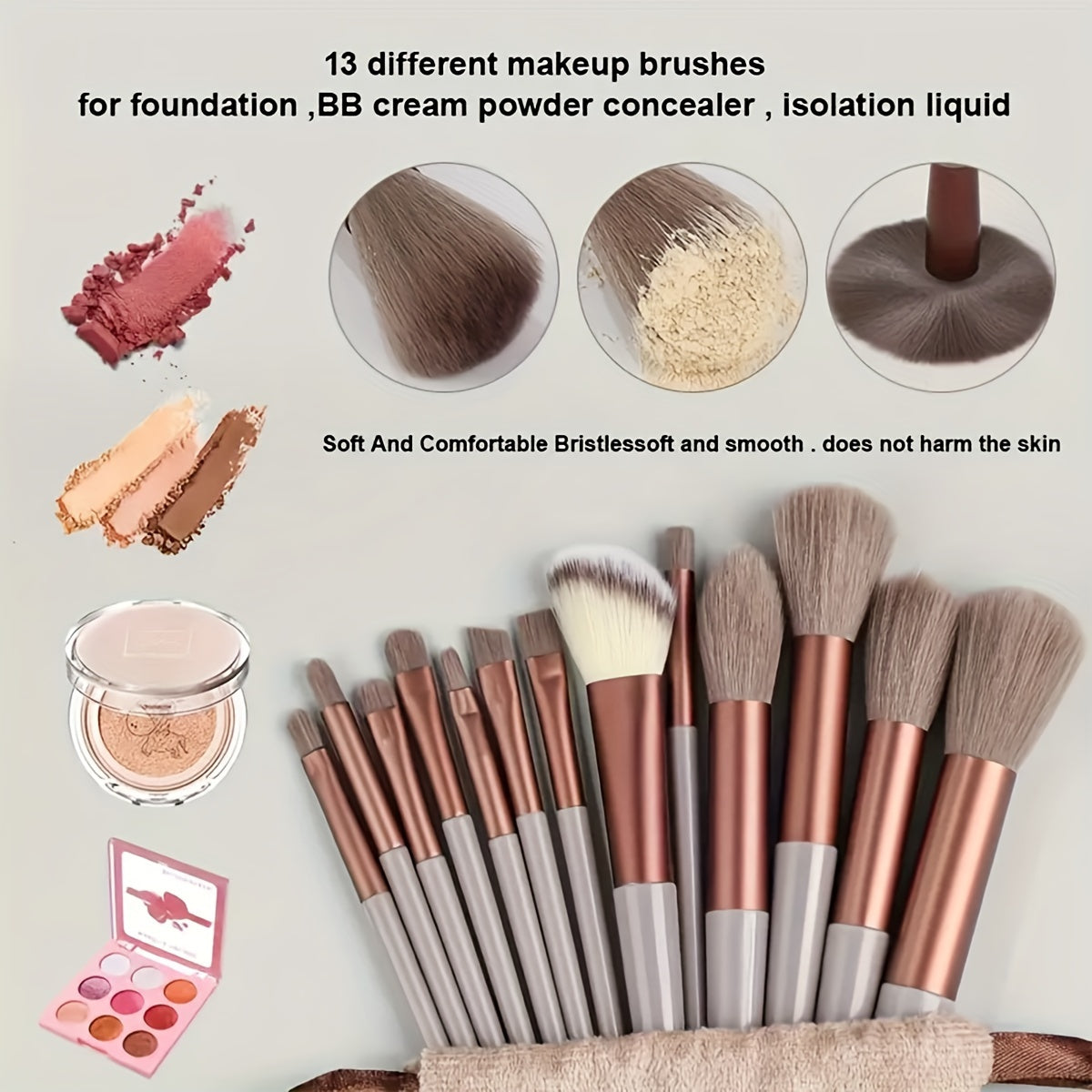 Travel-friendly makeup brush set with 13 pieces featuring nylon bristles and ABS handles, suitable for foundation, eyebrows, concealer, and eyeshadow for all skin types.