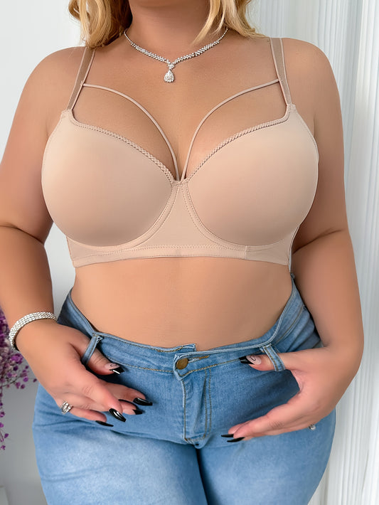 Elegant beige bra for plus size women with push-up design, underwire support, and breathable nylon blend. Hand washable and non-removable pads for comfort and sleek full coverage lingerie.