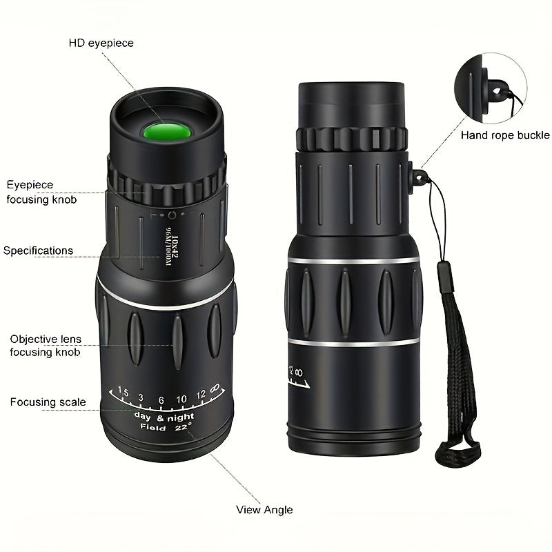 Portable monocular telescope with 10X magnification and 42mm objective lens - great for travel & camping, perfect gift for family and friends.