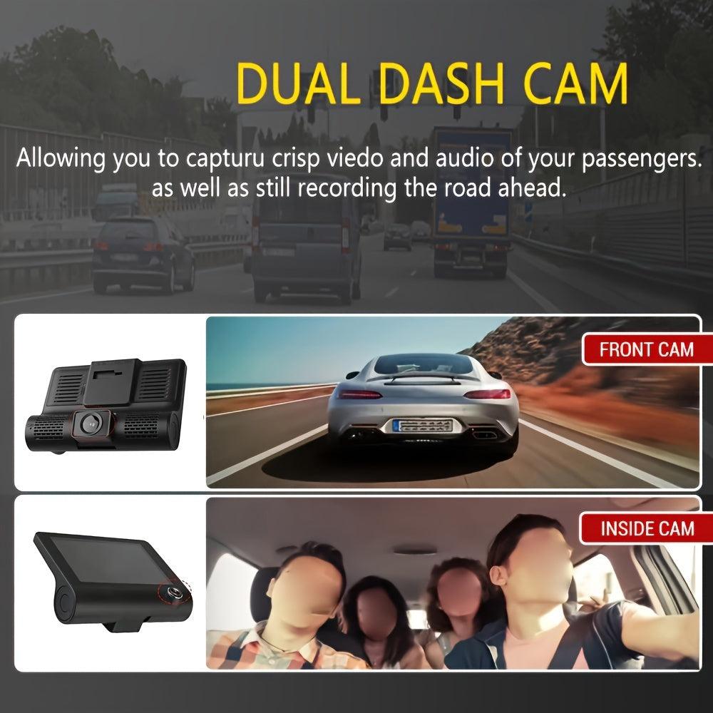 4-Inch Large Screen HD DVR Car Recorder with Front, Rear, and Interior Cameras, 1080P Full HD Video, 64GB Memory Card Included, Cigarette Lighter Powered, Fit for Cars