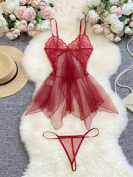 Sheer lace lingerie set with bow cami dress and thong - women's sexy underwear.