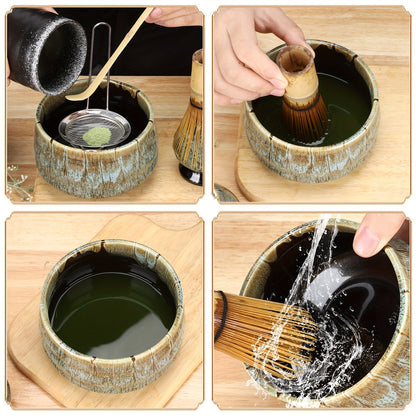 Complete Matcha Ceremony Set with 5 Kiln-Fired Blue Ceramic Tea Cups and Accessories - Includes Whisk, Scoop, Ladle, and Brush - Perfect for Holiday Gift Giving (Halloween, Christmas, Easter, Thanksgiving)