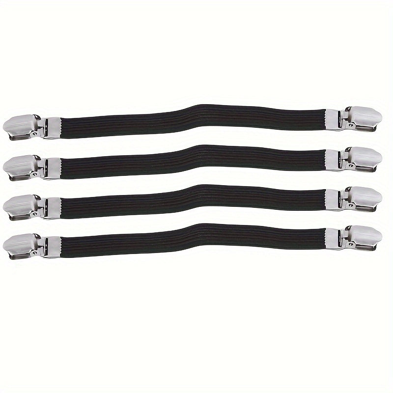 Set of 4 Reliable Elastic Bed Sheet Straps with Dual Clip Buckles, Clips for Securing Fitted Sheets, Comforters, and Bedding - Hand Wash Recommended, Black