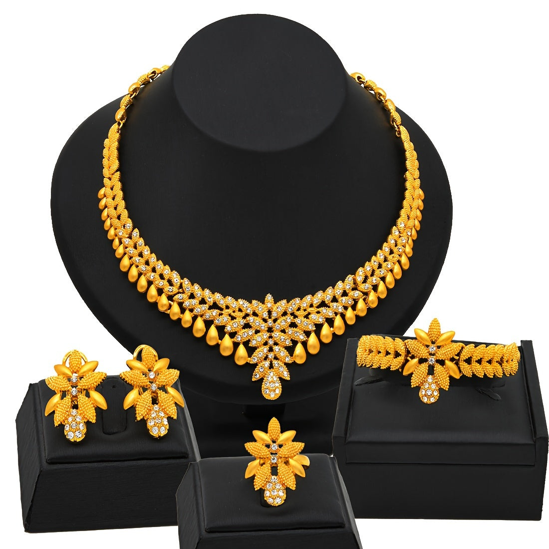 Zinc Alloy Jewelry Set inspired by Arabian and Urban Fashion - Includes Necklace, Bracelet, Earrings, and Ring; Features Crystal Embellished Droplet Design perfect for Bridal, Party, Engagement, Wedding occasions; Ideal Valentine's Day Gift for all