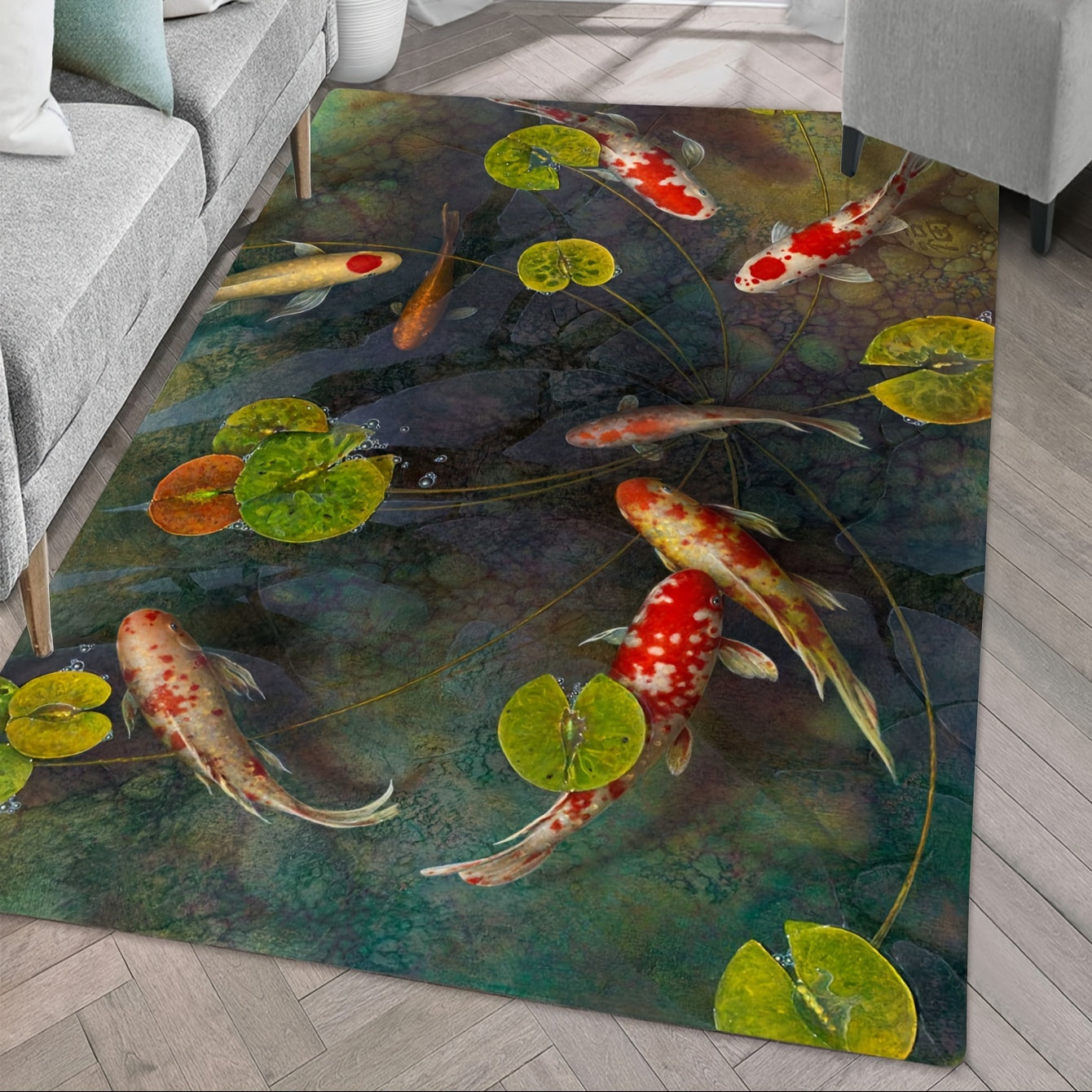 Hand-painted style rug featuring a Koi fish pattern, perfect for welcoming guests in your entrance or as a decorative piece in your living room, bedroom, dining room, kitchen, reading room, or laundry room.