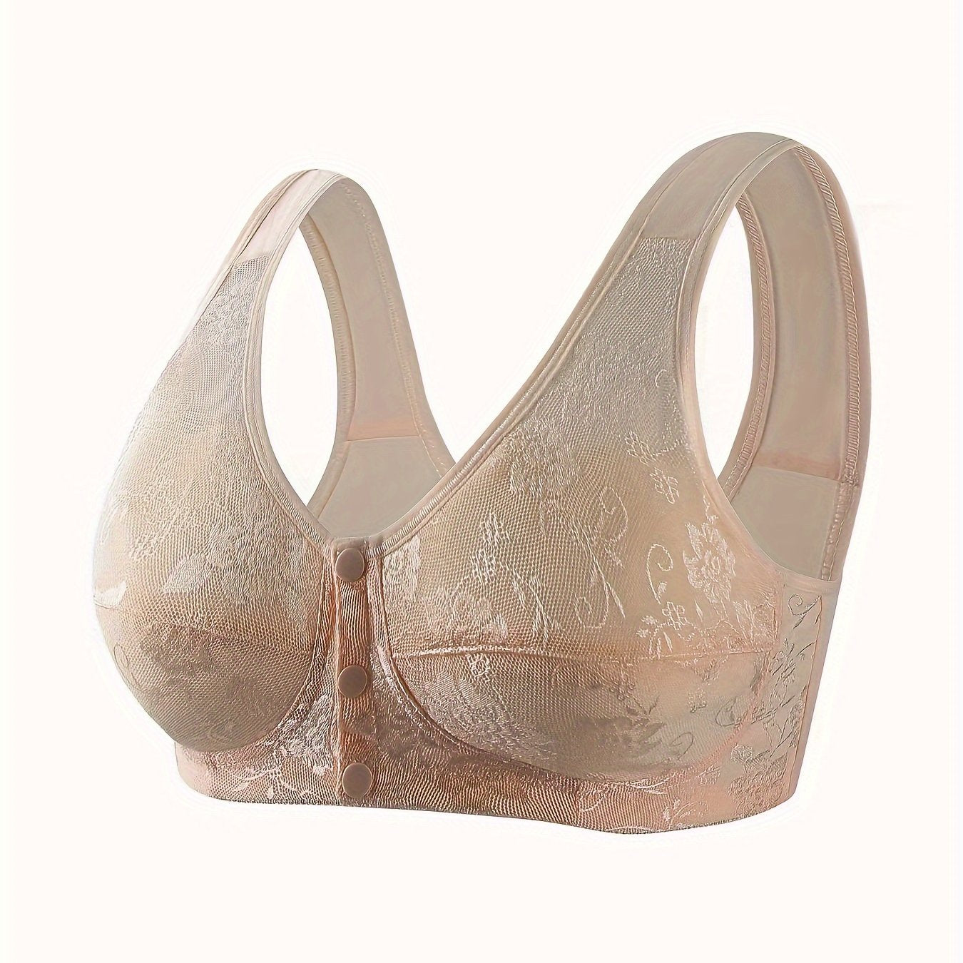 Stylish front clasp lace bra with full coverage and medium support for mature women, featuring decorative floral patterns and comfortable vest-style fit.