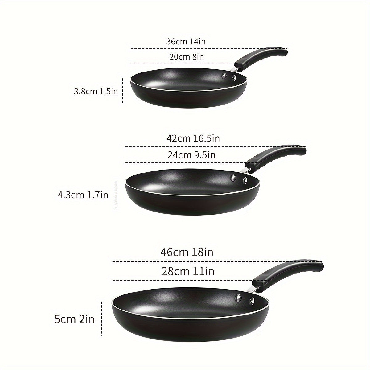 Set of 3 nonstick frying pans, featuring golden ceramic induction cookware. Includes 20.32cm, 24.13cm, and 27.94cm skillet omelette egg frying pans. This kitchen cooking pan set is PFOA and PFAS free.