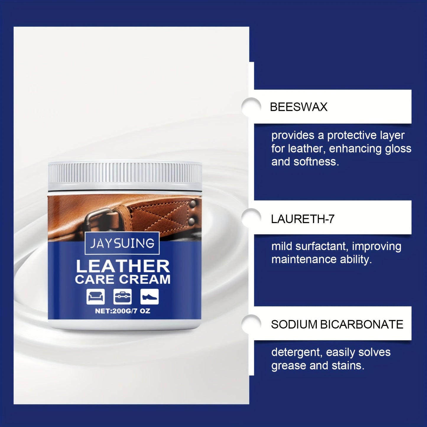 JAYSUNG Leather Care Cream - 200g/7oz - A Conditioning and Cleaning Balm for Sofas, Bags, and Artifacts made with Beeswax, Coconut Oil, and Natural Ingredients to Restore Shine and Waterproof Leather Surfaces.