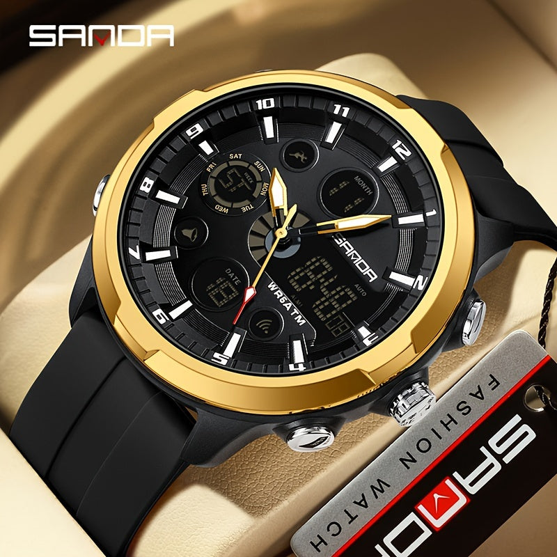 The SANDA Men's Sports Watch is a multifunctional chronograph quartz timepiece that is water-resistant up to 5ATM. Featuring a date display, round zinc alloy case, and silica gel strap, this watch is powered by an electronic drive and a non-rechargeable