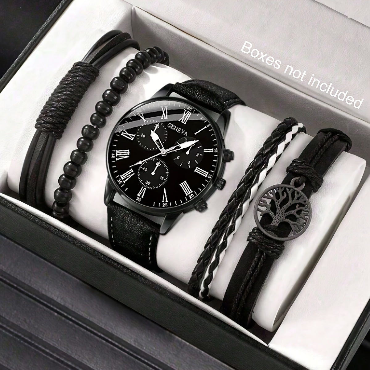 Men's watch set with 1 quartz watch and 4 bracelets, all featuring a black faux leather design.