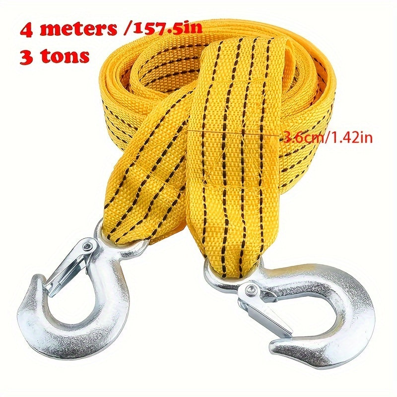 1pc Heavy Duty Iron Tow Strap with Hooks, 4m Length, 3 Ton Capacity for Secure Vehicle Towing.