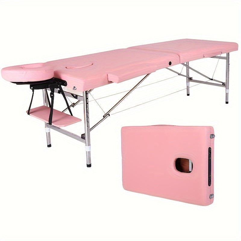 Foldable and portable adjustable height massage table with face pillow and suspension design, ideal for home, spa, and tattoo parlors.