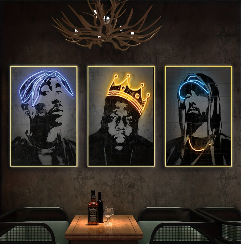 Neon Rapper Canvas Set - Hip-Hop Wall Decor, Frameless, Ideal for Various Rooms & Bar