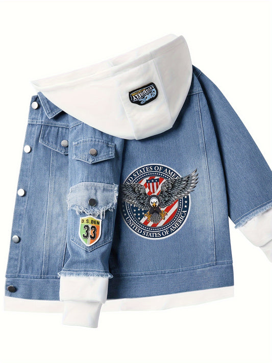 Hooded denim jacket featuring a cartoon eagle anime design, perfect for truck driver cosplay.