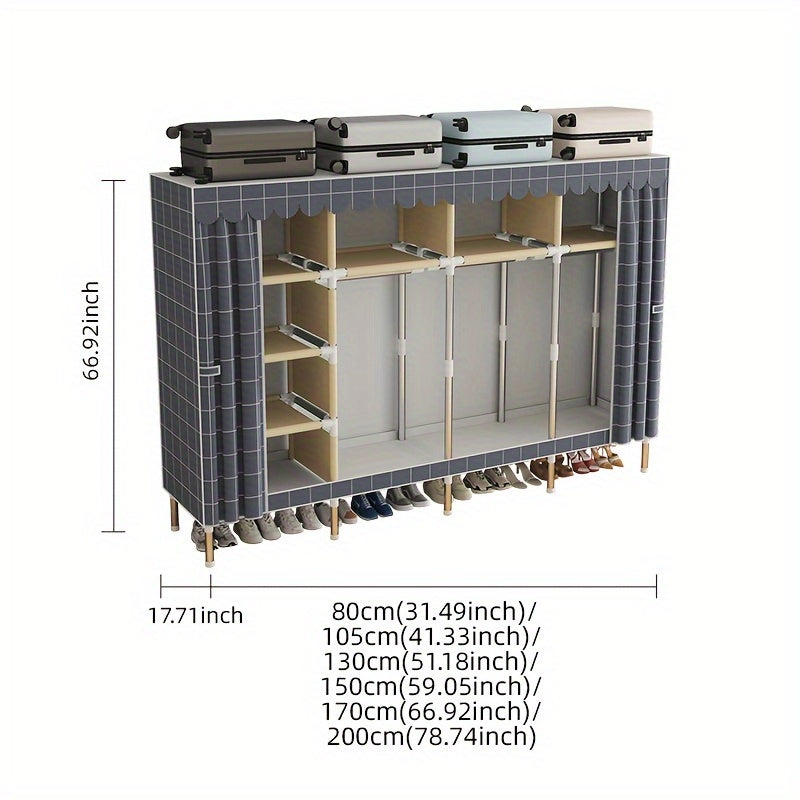 Solid color wide assembly with 10 shelves, 3 hanging rods, and plaid fabric. Portable closet for organizing wardrobe.