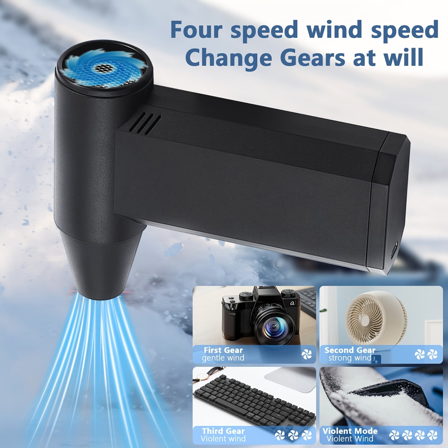 Portable high-speed handheld fan with rechargeable lithium battery for various uses such as keyboard, car, barbecue, pets, yard, and sofa. Features no brush motor, can be used as an outdoor