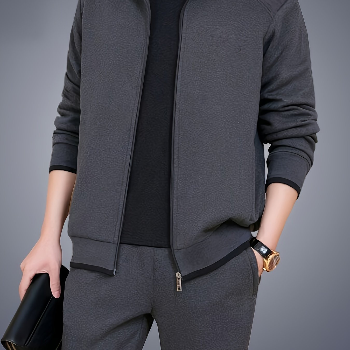 Men's stylish sports outfit sets featuring stand collar zip-up jackets and elastic waist sweatpants, perfect for outdoor casual wear during spring and autumn seasons.