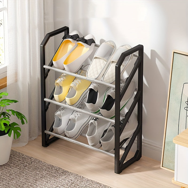 Black 3-tier shoe rack, perfect for entryway, bedroom, holds up to 6 pairs of shoes