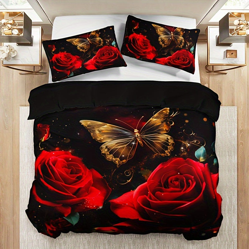 3-piece Romantic Rose Butterfly 3D Duvet Cover Set with 2 Pillowcases. Soft and breathable with HD printing for home or dorm decor.