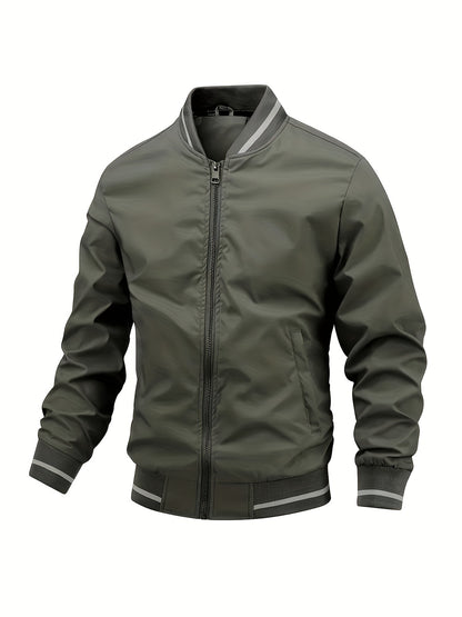 Men's lightweight windbreaker jacket made of 100% polyester with long sleeves, regular fit, and baseball collar. Suitable for spring and fall seasons. Made of woven fabric with a weight of