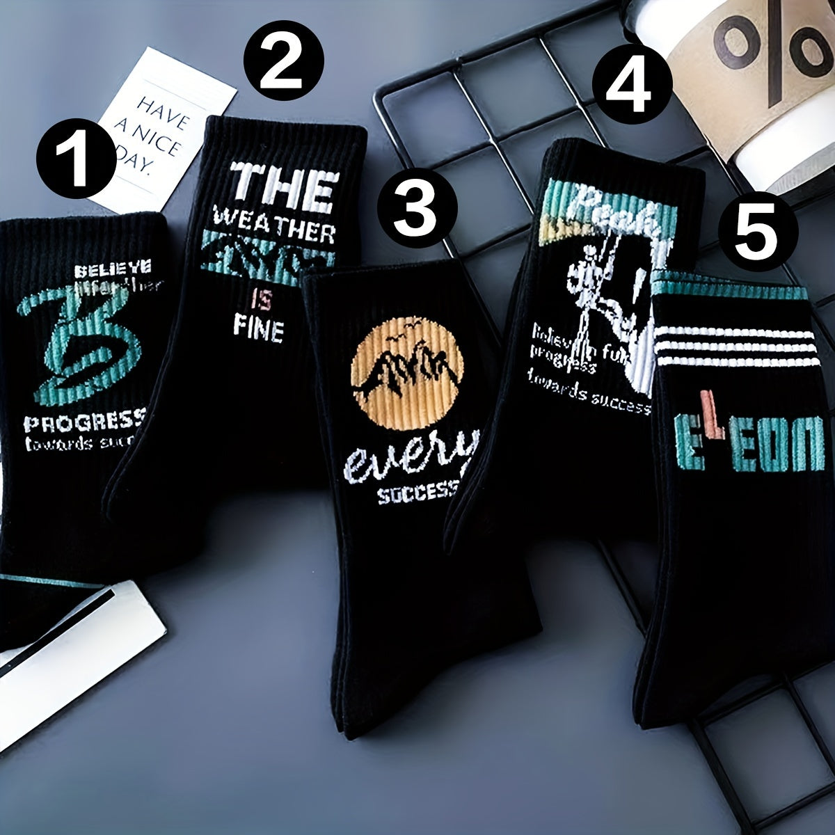 5/10 pairs of men's trendy crew socks with graffiti letter patterns, suitable for outdoor wear.