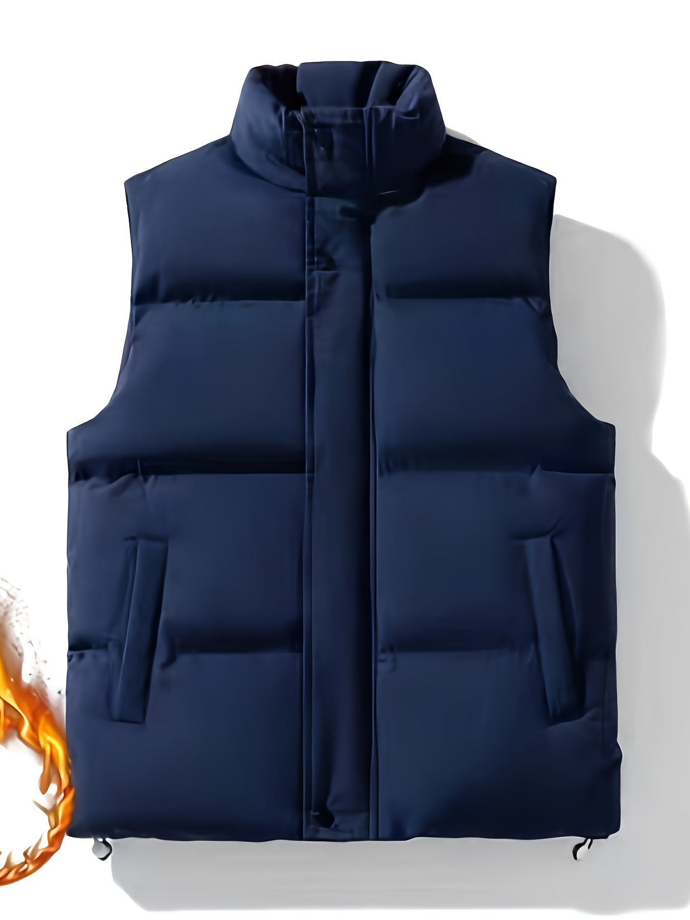 Men's polyester vest with stand collar, full-length zip, solid color, and regular fit for autumn/winter.