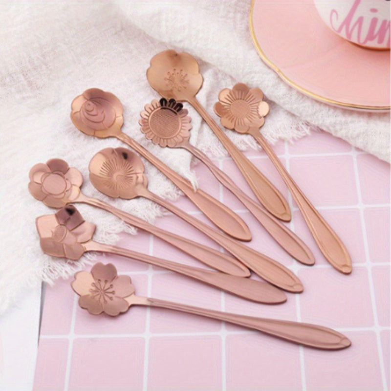 A collection of 8 flower-shaped spoons perfect for tea, coffee, ice cream, dessert, or honey. These cute spoons are made of durable stainless steel in a stylish silver and gold finish, making them a versatile addition to any kitchen utensil collection.