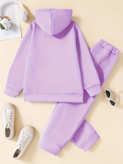 Cozy and stylish girls' 2-piece set featuring fleece-lined hoodie with bow design and matching joggers, ideal for fall/winter and outdoor activities.