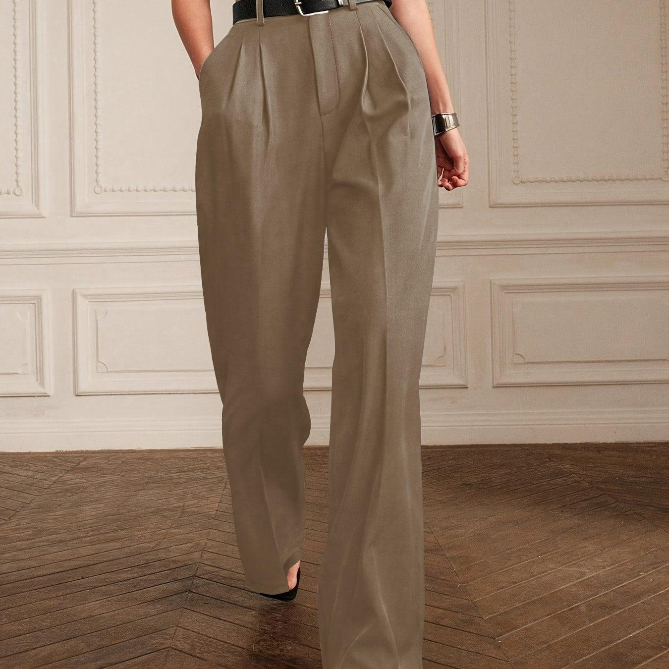 Elegant high-waist straight leg pants in solid color for work and office wear.