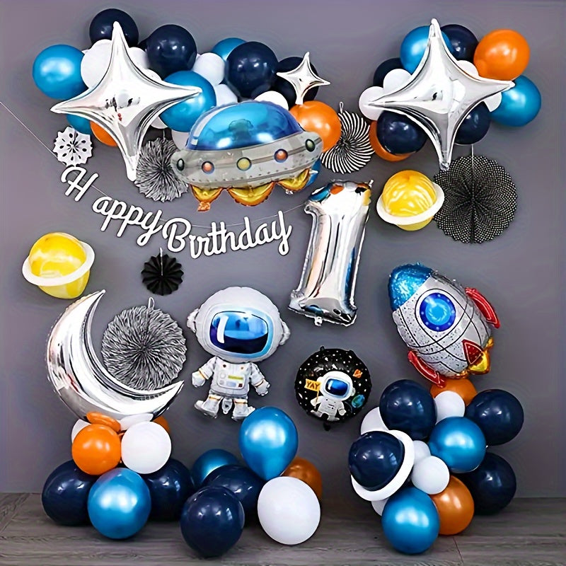 Large space balloons with astronaut, rocket, and UFO designs for birthdays and space party decorations.