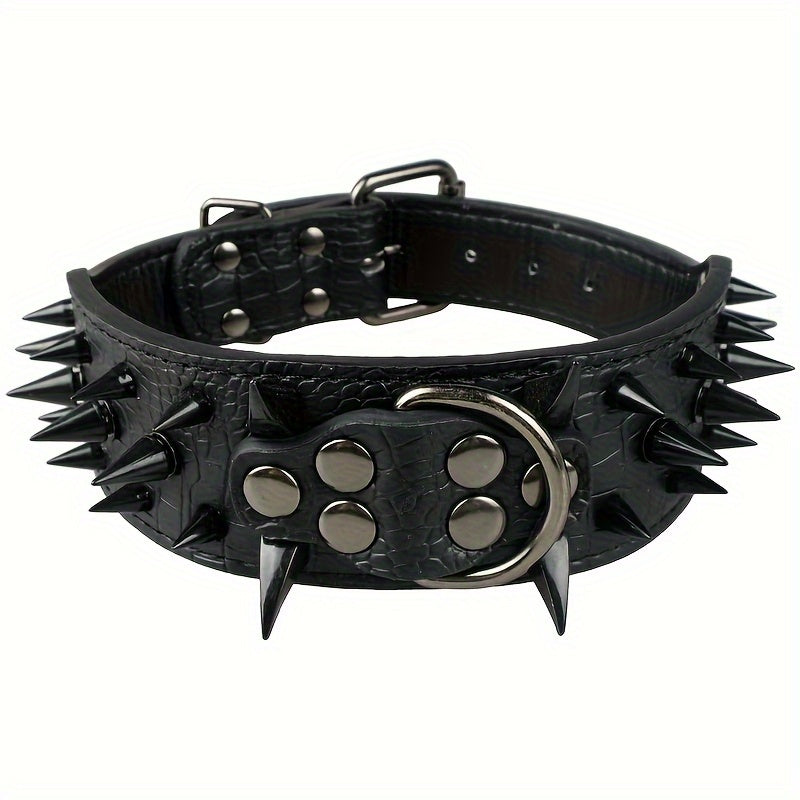 Medium to large dog collar with spiked studs, hand wash only, durable for heavy-duty use, non-breakable buckle, sturdy construction.