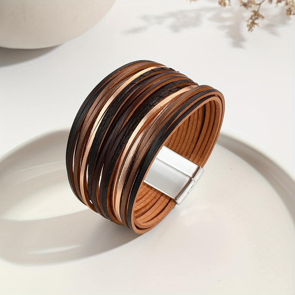 Vintage style Bohemian multi-layer PU leather wrap bracelet in brown and black strands, designed for friendship couples. Features an adjustable clasp for the perfect fit.