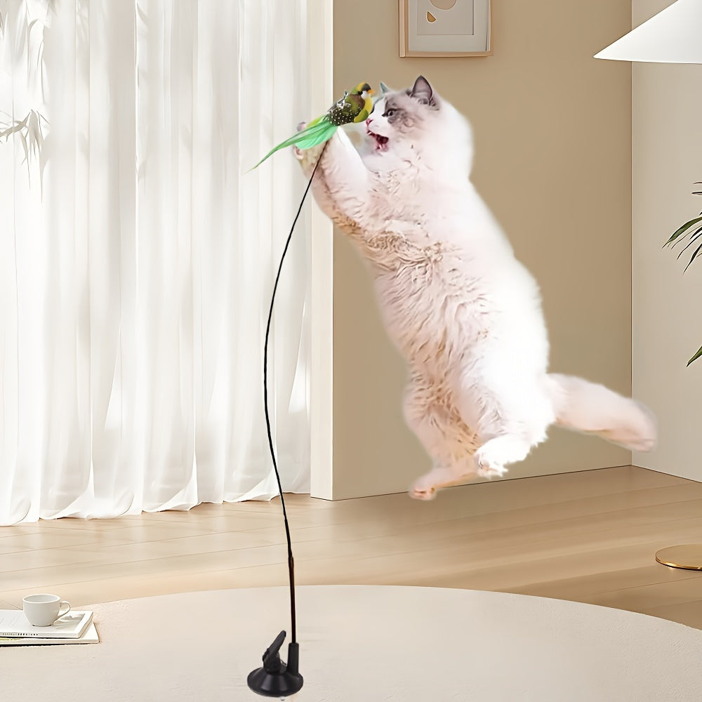 Interactive cat teaser wand with suction cup base, bell, detachable bird toy. Polyester blend, no batteries required. Ideal for indoor play with pet cats.