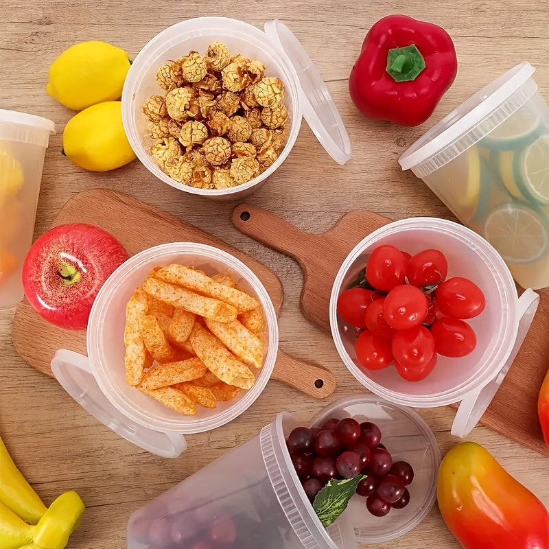 A 10-piece set of 24-ounce plastic food containers with lids that are perfect for freezing, dishwashing, and microwaving. These sealed food storage containers are ideal for storing soups and preparing takeout meals.