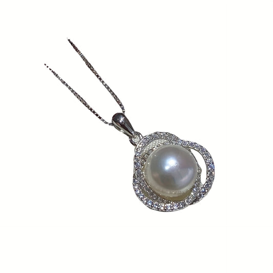 Elegant 925 Sterling Silver Freshwater Pearl Pendant Necklace with Classic Floral Design, 9-10mm Pearls - Versatile Jewelry Ideal for Women, Great for Parties and Gifting, Perfect for Mardi Gras Day - Flower Necklace