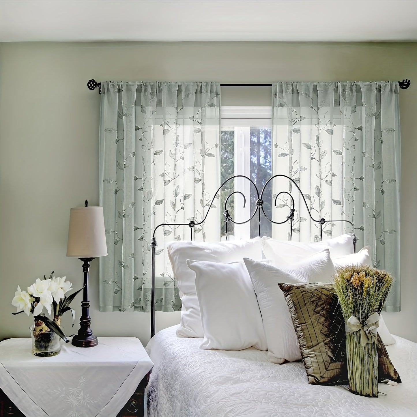 Two pieces of garden-style sheer curtains with an embroidered leaf pattern, featuring a rod pocket design. Made of polyester, these drapes are perfect for bedrooms, living rooms, and kitchens. They are machine washable and suitable for all seasons