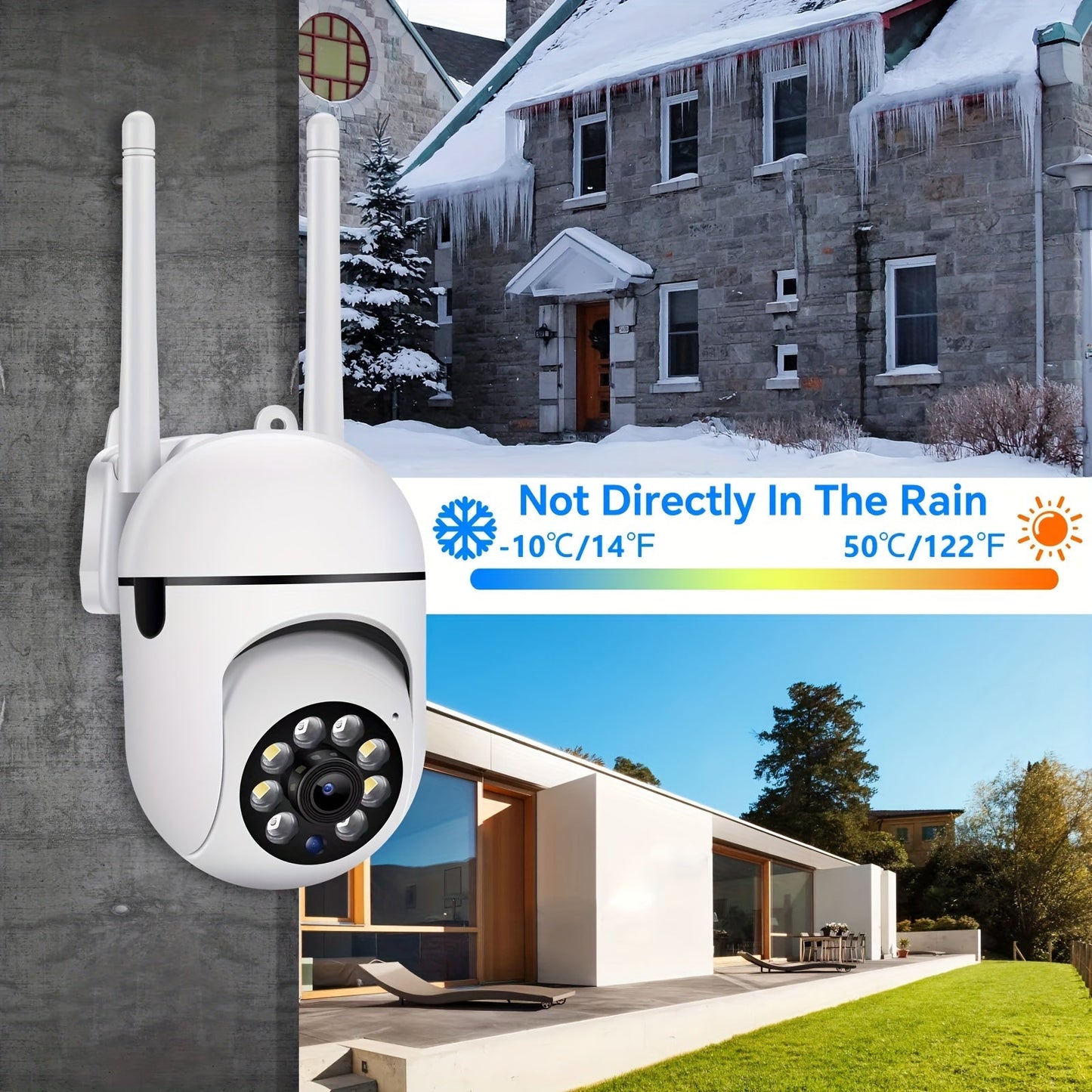 The 1YIIOT 1080P HD Spherical Security Camera offers wireless connectivity, color night vision, motion detection, two-way audio, PTZ functionality, app control, and is USB powered. Please note that it is not waterproof.