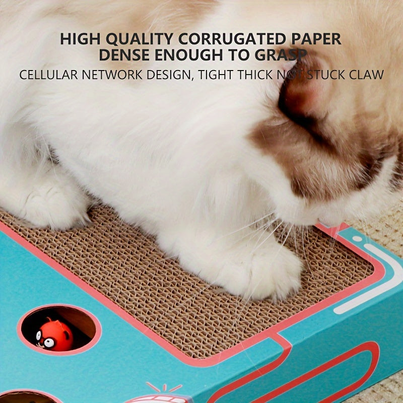 Interactive corrugated cardboard toy for cats with multiple functions for play and exercise.