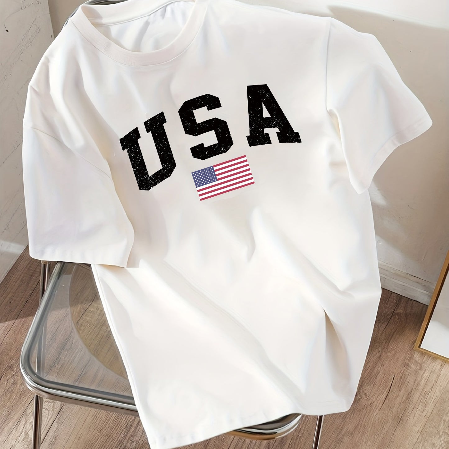 USA Print Drop Shoulder T-shirt, Short Sleeve Crew Neck Casual Top for Women, Ideal for Spring & Summer.