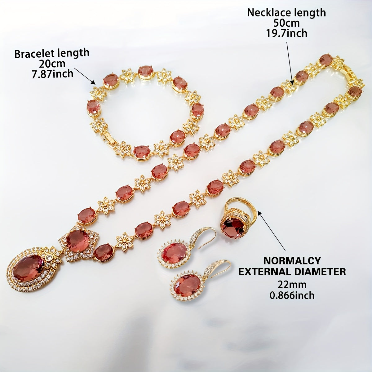 Introducing the MEETMAY Synthetic Color Changing Sultanite Diaspore Oval Sunflower Jewelry Set. This elegant copper-tone four-piece set includes a ring, earrings, bracelet, and necklace. The colors are customizable to adapt to different lighting