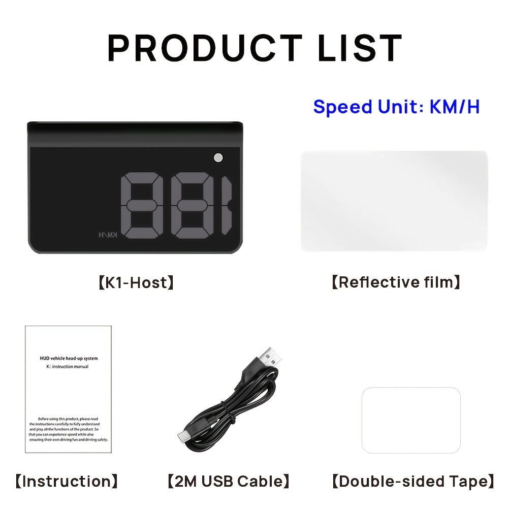 KWHUD K1 Car Head-Up Display: Plug & Play Speedometer with Auto Brightness, USB Powered, Fits All Models