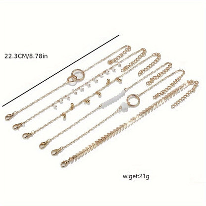 6-piece fashionable retro anklet with layered flower, tassel, tree leaf, and geometric pendants in gold, for girls to wear at daily parties or festivals.