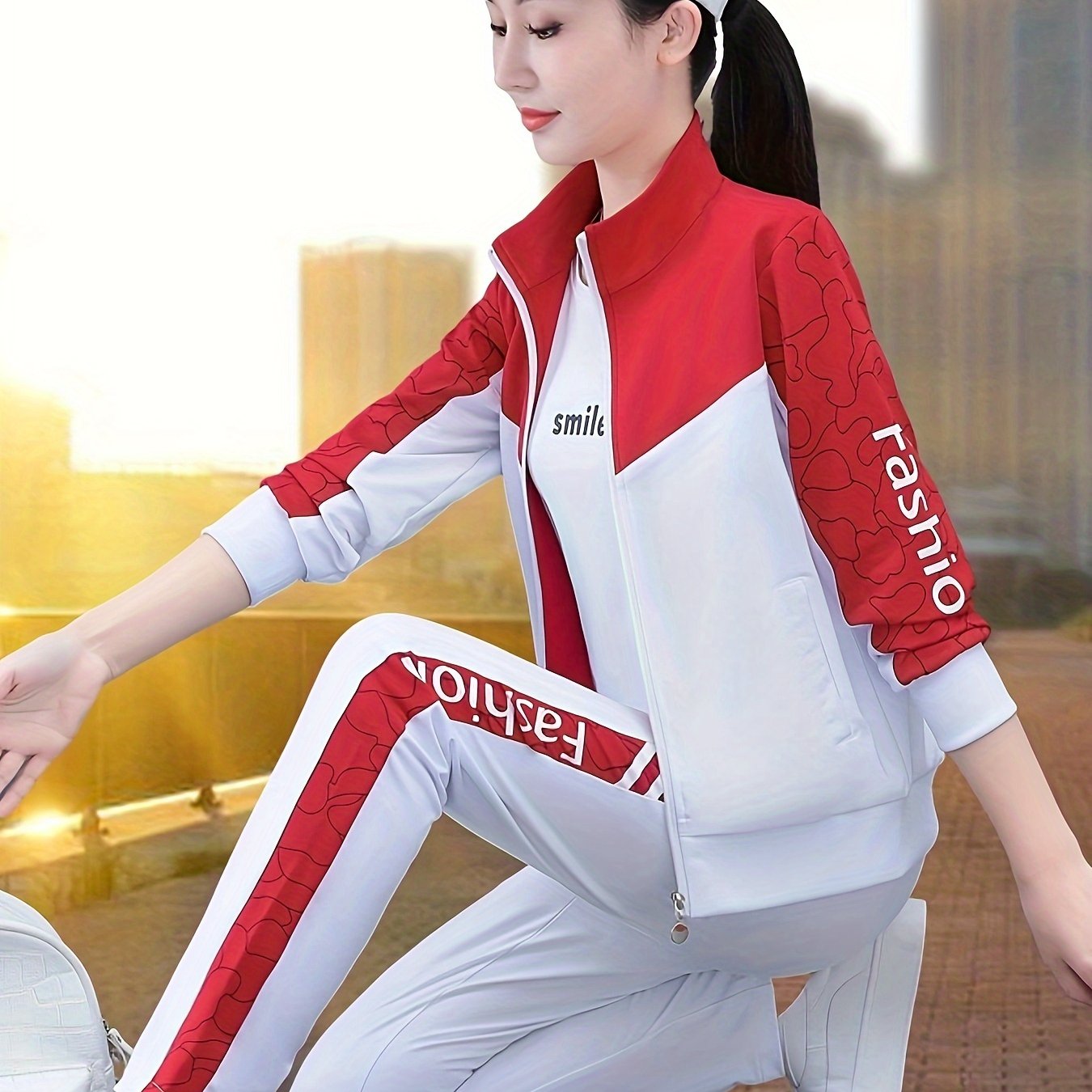 Women's two-piece cardigan jacket sports suit for spring and autumn with long sleeve trousers for casual outdoor wear.