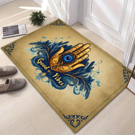 Add a touch of style to your home with this Evil Eye Welcome Doormat. Featuring a Good Vibes pattern, this decorative woven floor mat is non-slip, machine washable, and easy to clean. Made of polyester, this rug is perfect for both indoor and outdoor