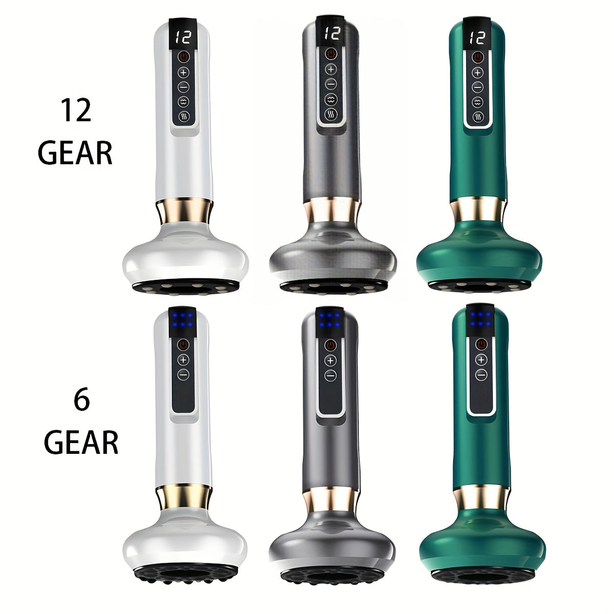 Cloud Prime Electric Vacuum Cupping Massager with 6/12 levels, USB rechargeable with 1800mAh battery. Available in White, Green, Gray.