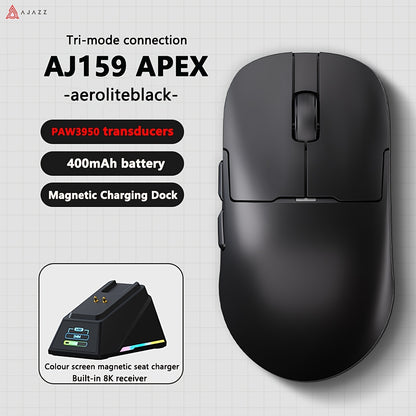 AJAZZ AJ159APEX Wireless Gaming Mouse features PAW3950 sensor with 8K optical resolution, tri-mode wireless connectivity, magnetic charging base, color screen, USB-C interface, and